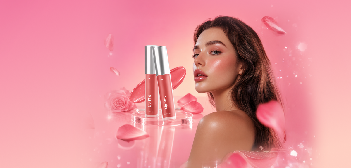 Two pink lip gloss tubes with silver caps stand on a clear acrylic stand against a pink background with rose petals and a woman's face partially visible in the frame.