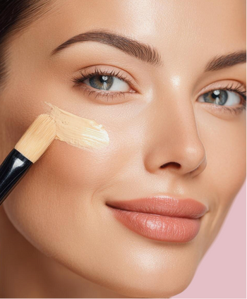 Close-up of a woman's face with a makeup brush applying beige foundation or concealer across her cheek against a soft pink background.
