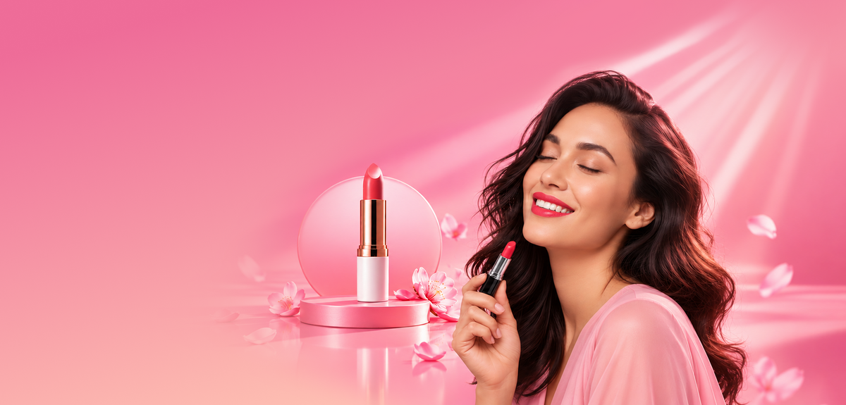 A woman with wavy brown hair and red lipstick smiles while holding a red lipstick tube, posed next to a matching lipstick on a pink reflective surface with pink petals and light rays in the background.
