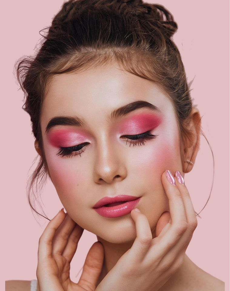 A close-up of a young woman with styled makeup featuring vibrant pink eyeshadow, blush, and lip gloss, posing against a solid light pink background.1