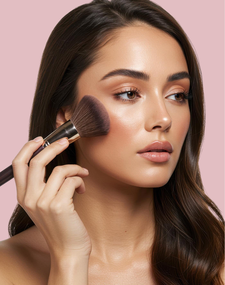 A close-up of a woman with long dark brown hair applying makeup with a makeup brush on her cheek, set against a solid light pink background.2