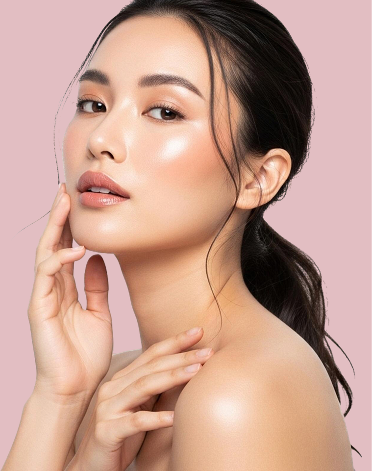 A close-up portrait of a woman with radiant, glowing skin and polished makeup, posing against a solid light pink background.3