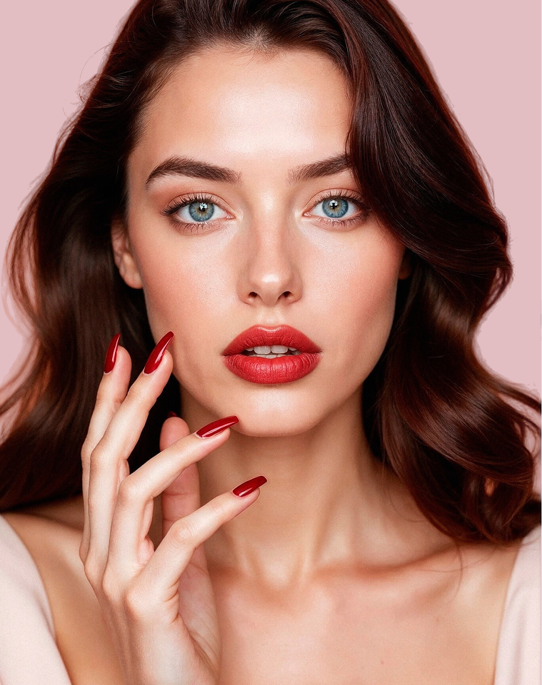 A close-up portrait of a woman with long, wavy brown hair, blue eyes, and glossy deep red manicured nails, wearing a soft beige top against a solid light pink background.4
