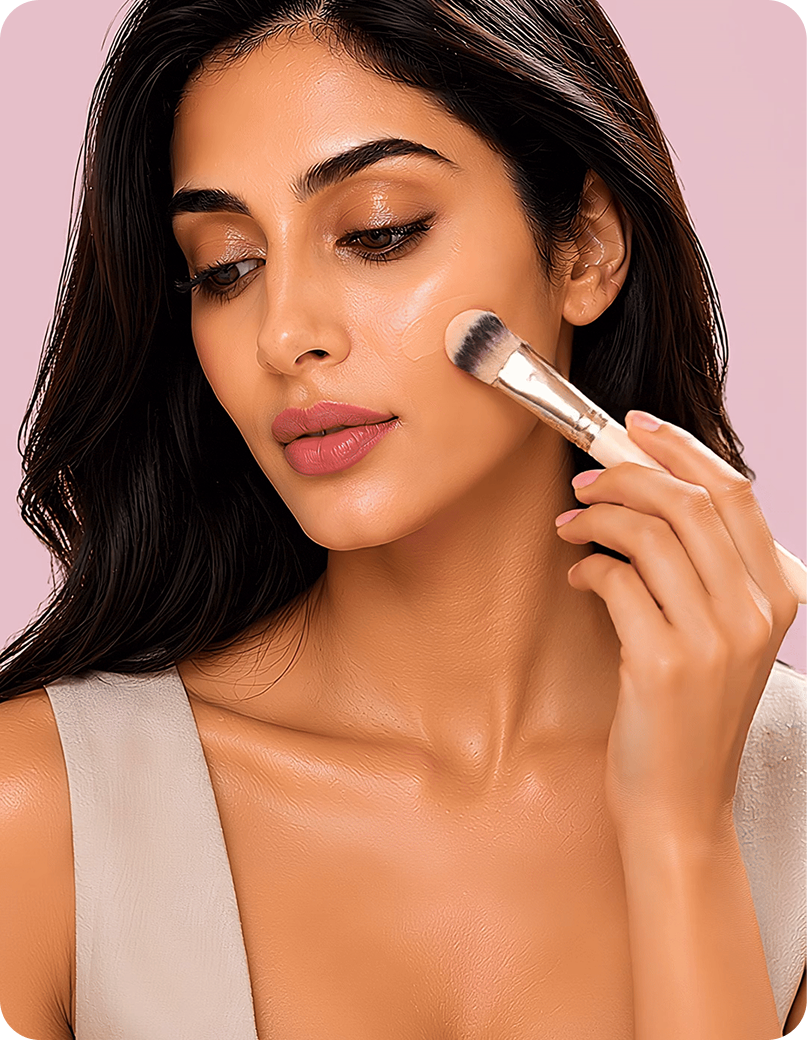 A close-up of a woman with dark hair applying makeup with a brush to her cheek, wearing a beige top against a solid pink background.
