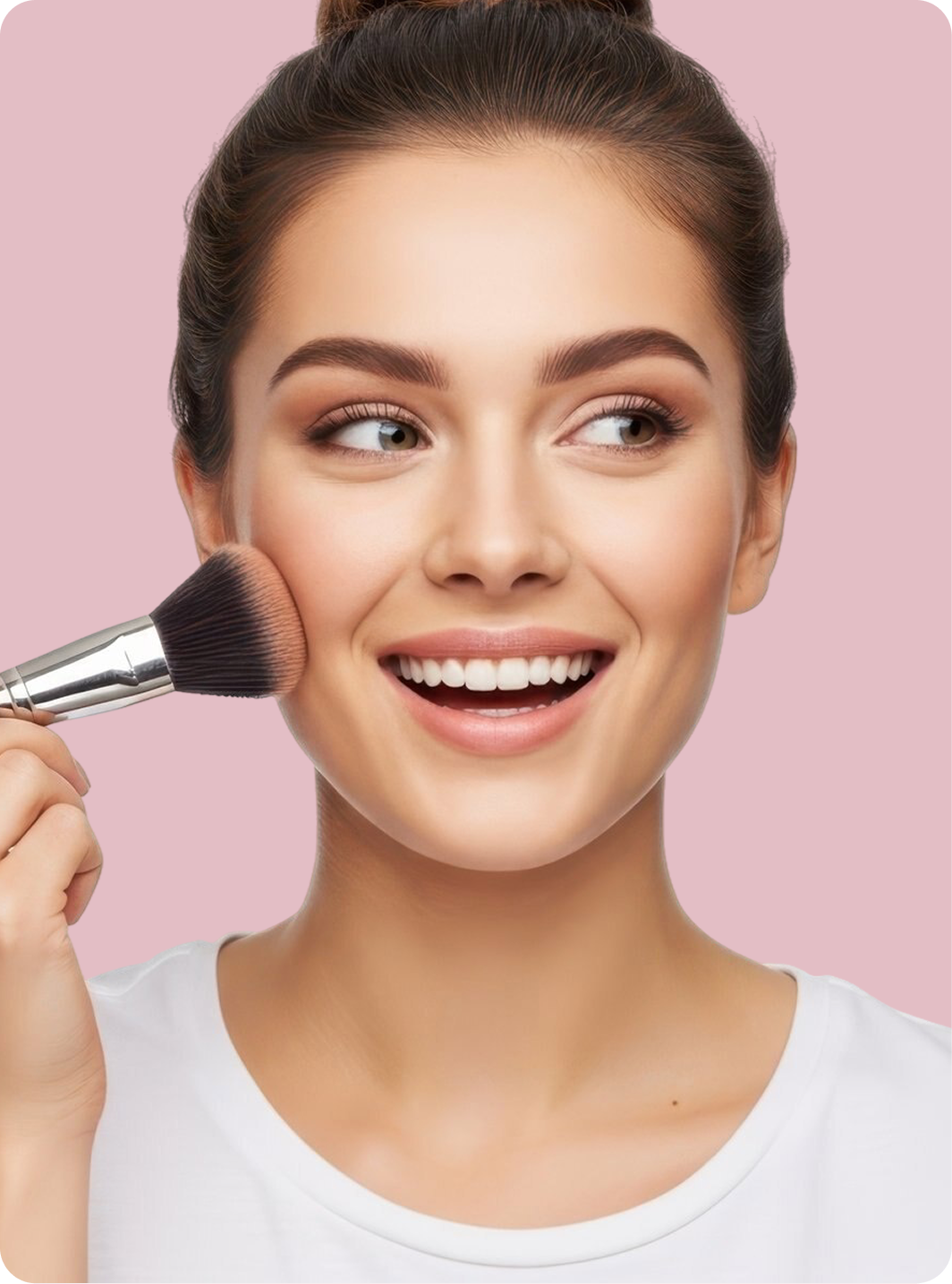A close-up of a woman with her hair in a bun, smiling and looking to the side while holding a makeup brush near her cheek, against a solid pink background.