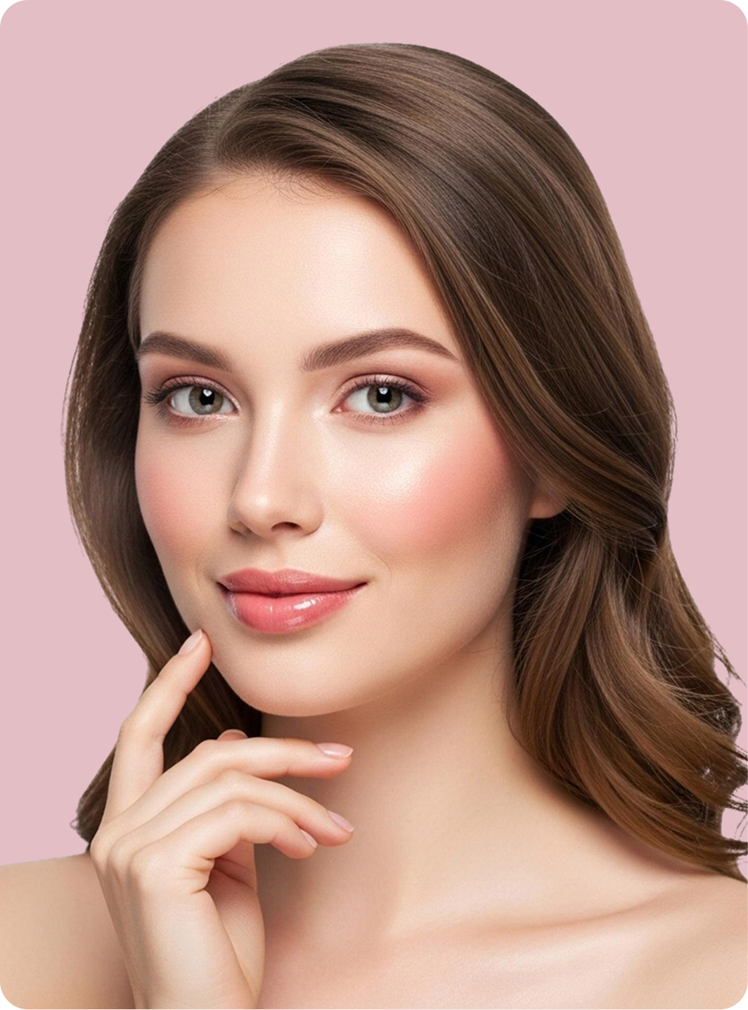 A close-up portrait of a woman with long brown hair, wearing soft pink makeup and a pink top, set against a solid light pink background.