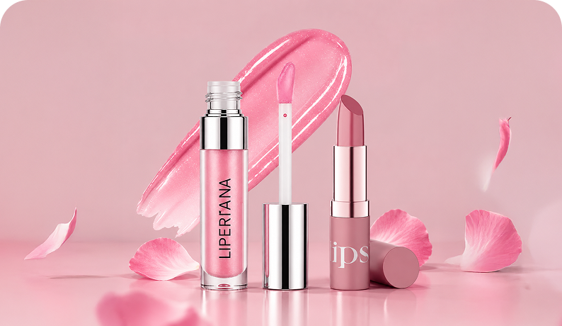 Pink lip gloss and lipstick set from Lipertana, displayed on a reflective pink surface with pink flower petals. The lip gloss bottle is open, showing the applicator wand, and the lipstick is shown both closed and open.