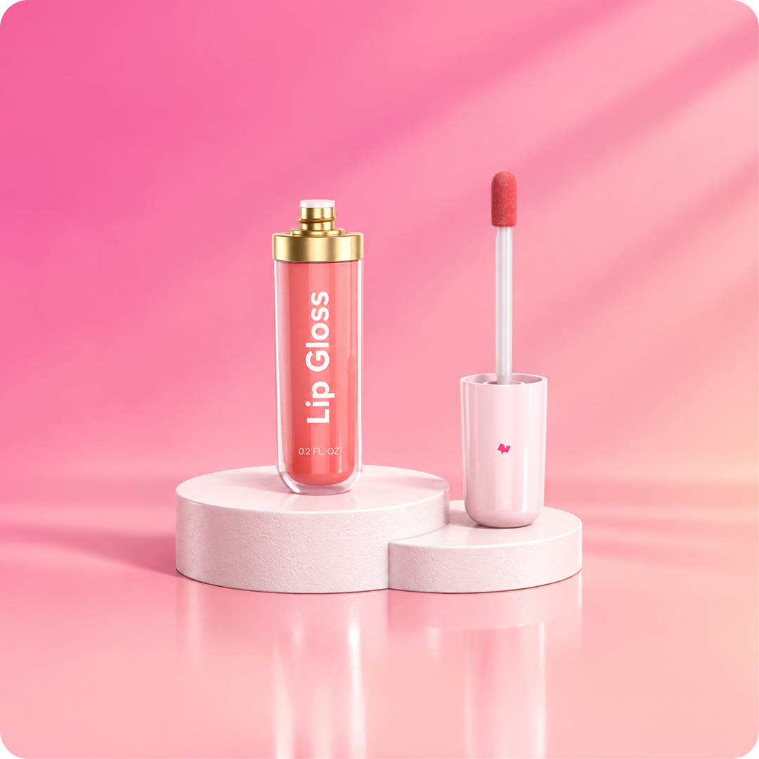 Pink lip gloss bottle with a gold cap and applicator wand, displayed on a pink and white pedestal against a pink gradient background.