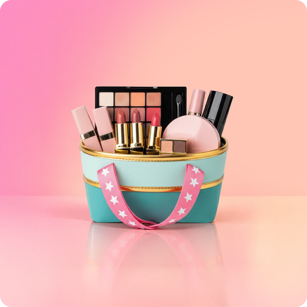 A pastel makeup bag with a mint green and light blue body, gold trim, and pink handles with white stars, filled with cosmetics including lipsticks, an eyeshadow palette, and a compact mirror, set against a pink gradient background.