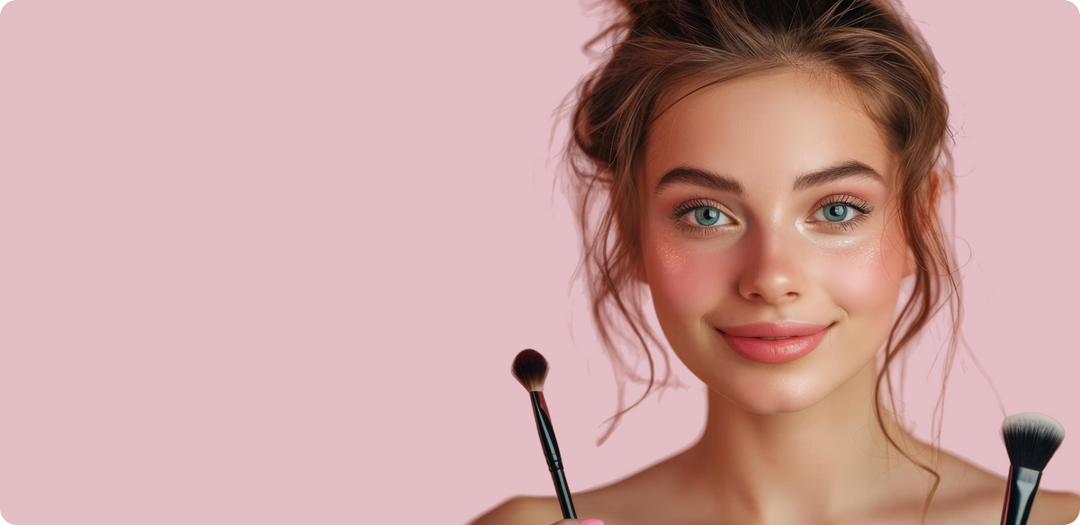 A close-up portrait of a woman with makeup on, holding two makeup brushes against a solid pink background.