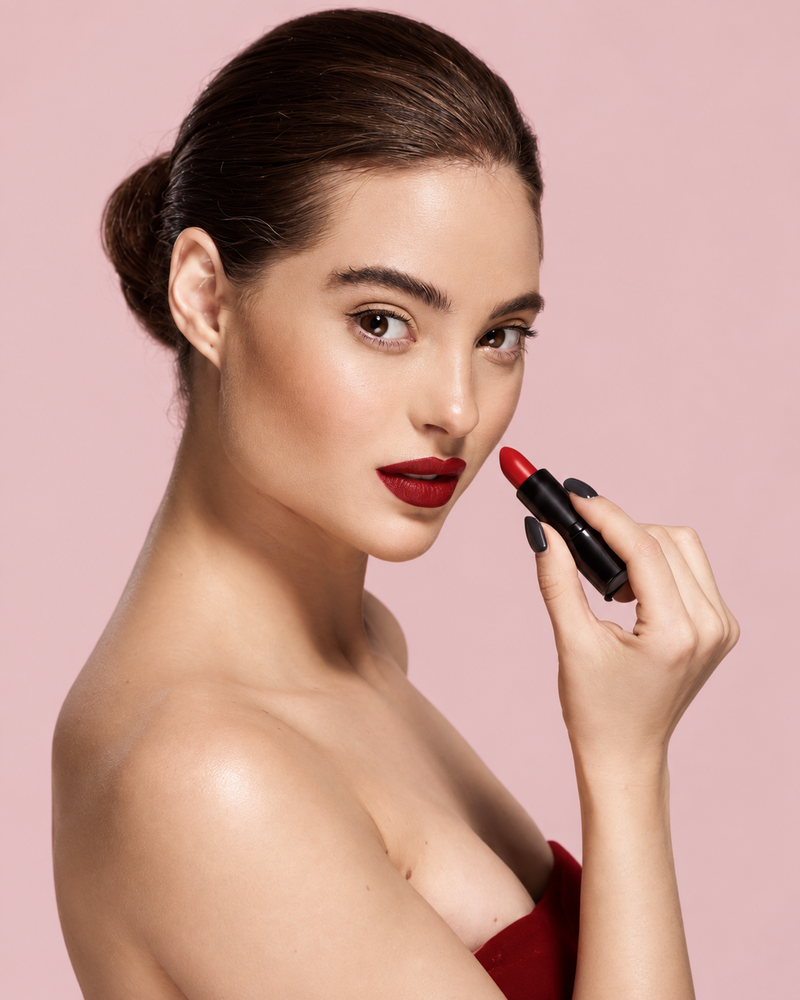 A woman with her hair in a bun applies a vibrant red lipstick to her lips against a solid pink background.